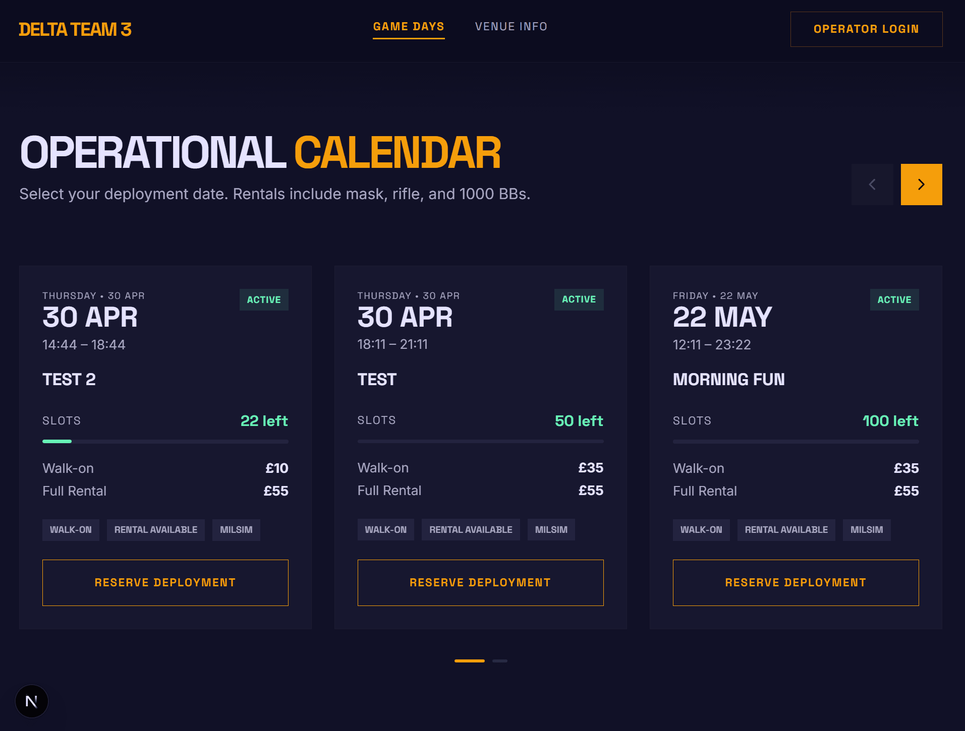 Airsoft & Paintball Booking System — operational calendar showing upcoming game days with slot availability and pricing