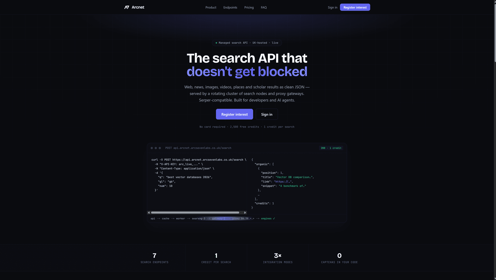 Arcnet: block-resistant search API landing page with request example and cluster pipeline