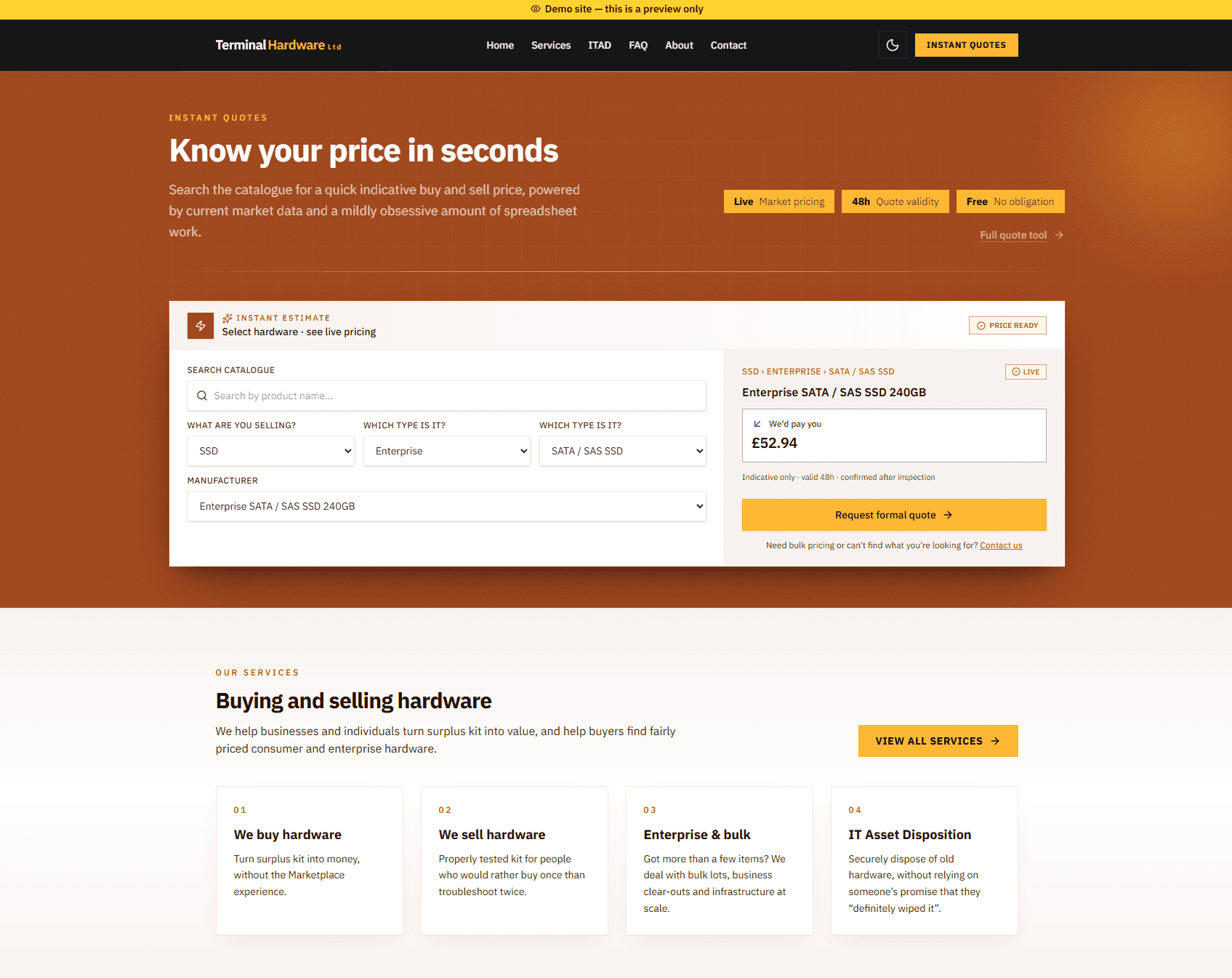 Terminal Hardware Ltd: instant quote tool and shop homepage for buying and selling enterprise hardware